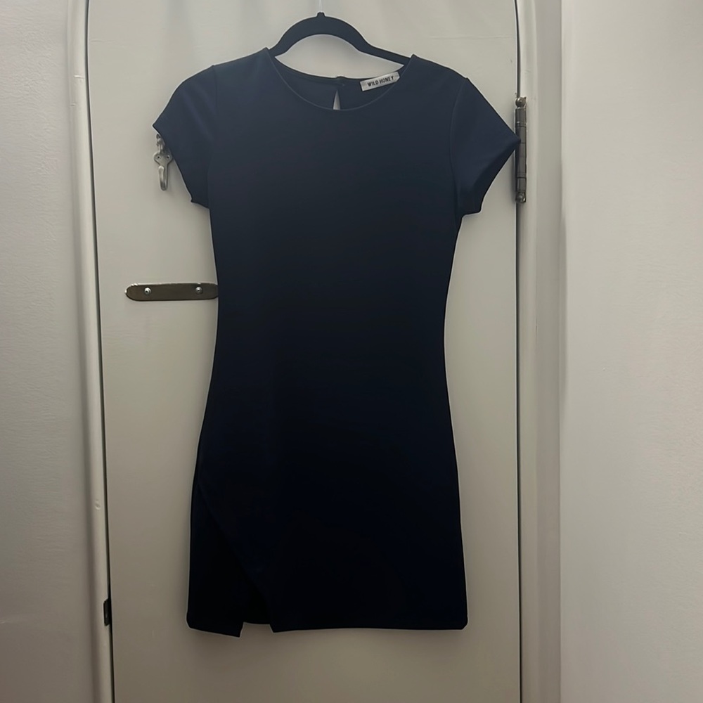 Wild Honey Navy Blue Mini Dress with Notch and Faux Pearl Clasp